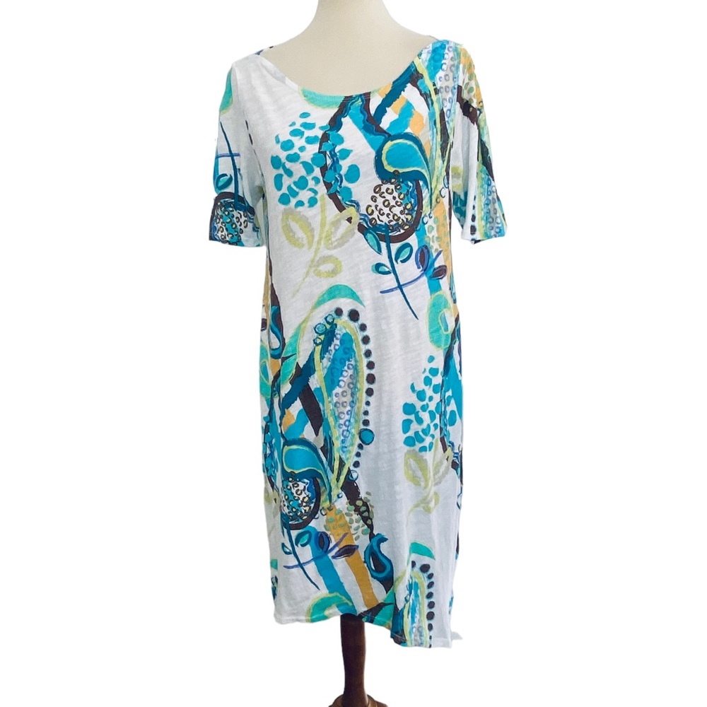 Fresh Produce Tropical Paisley Print Short Sleeve Dress 100% Cotton Womens Sz S